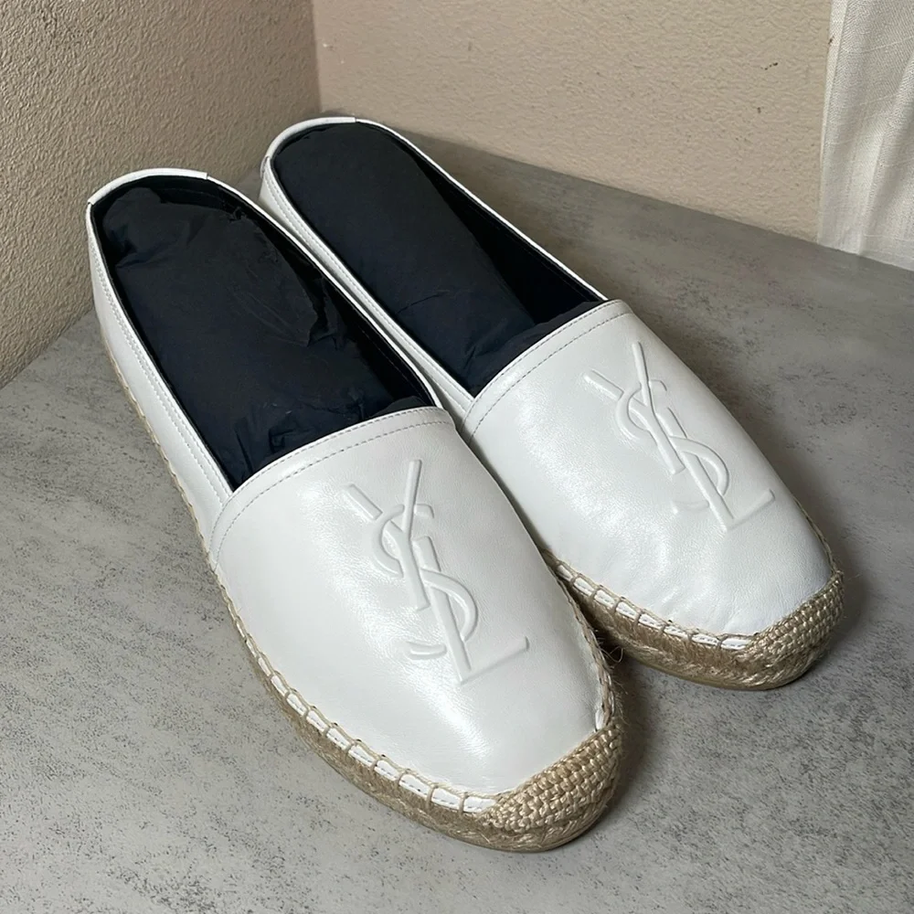YSL Yves Saint Laurent White Leather Espadrilles Slip Ons Size 39 - Picture 4 of 12